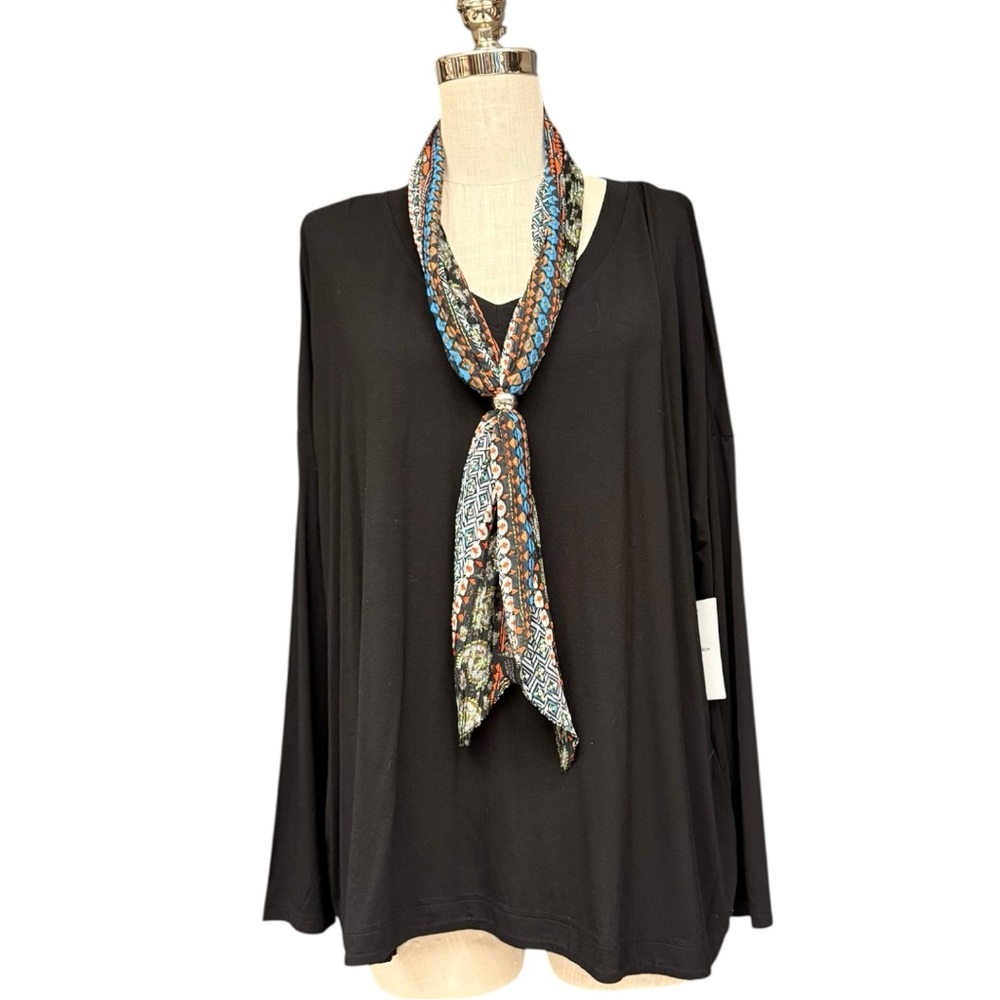 Nordstrom Black Long Sleeve Tunic Top with Printed Scarf Size Large Casual Top